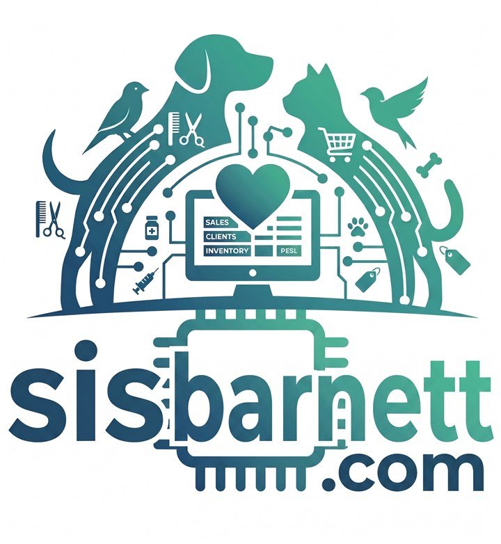 Logotipo de VetPOS Barnett: perro, gato y aves sobre un circuito que rodea una pantalla con ventas, clientes e inventario